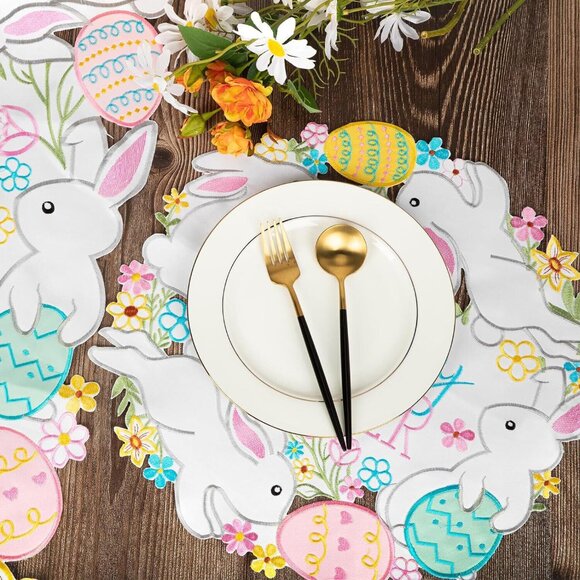 Set of 4 Easter Placemats 15 Inch Eggs and Bunny Round Embroidery Placemats - Picture 3 of 5